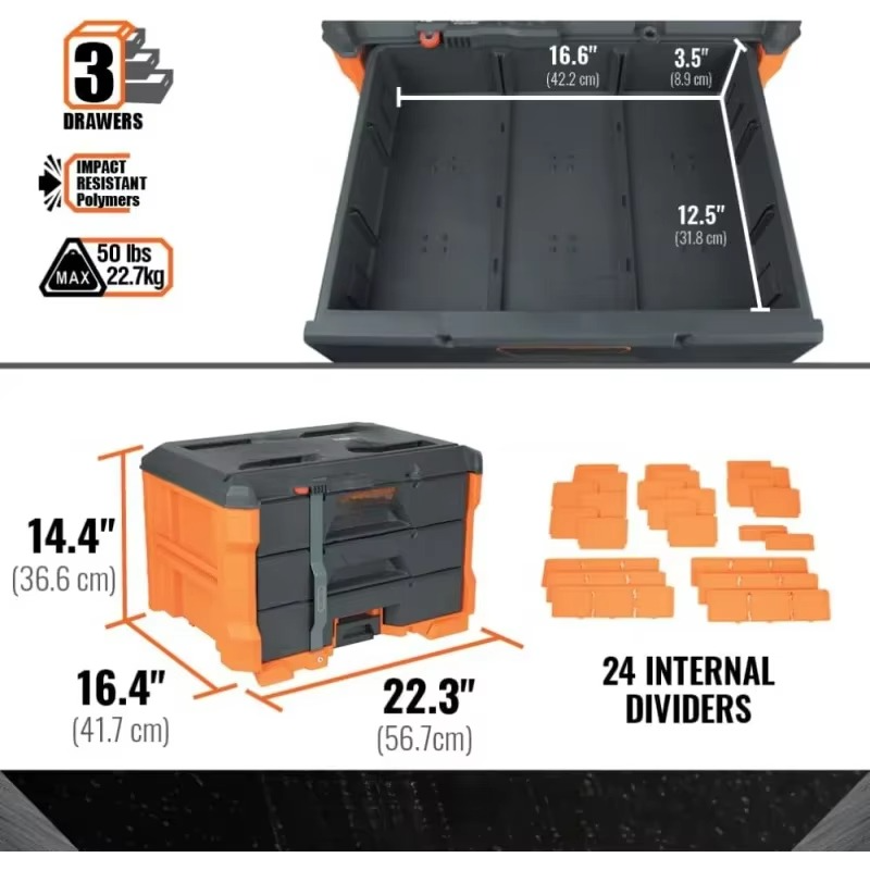 MODbox 3-Drawer Tool Box Organizer, Heavy-Duty Tool Storage Organizer with Three Drawers, Stackable Tool Box Set Module