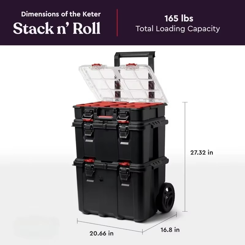 Stack-n-Roll Modular Tools Organizer for Garage Storage and DIY, 3 Piece Resin Rolling Tool Box System for Small Parts