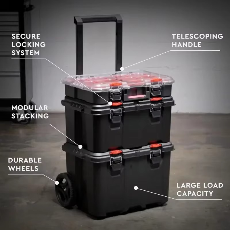 Stack-n-Roll Modular Tools Organizer for Garage Storage and DIY, 3 Piece Resin Rolling Tool Box System for Small Parts