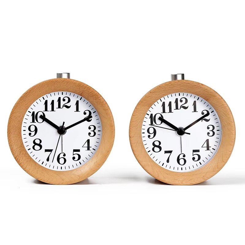 Wooden Clock Handmade Classic Small Round Wood Silent Light Desk Alarm Clock With Desk Lamp for Home dropshipping