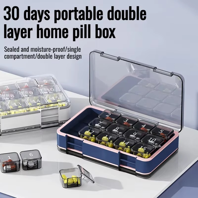 Portable Pill Box Double Compartment Double Layer Sealed Organizer 30 Day Medicine Carrying Case