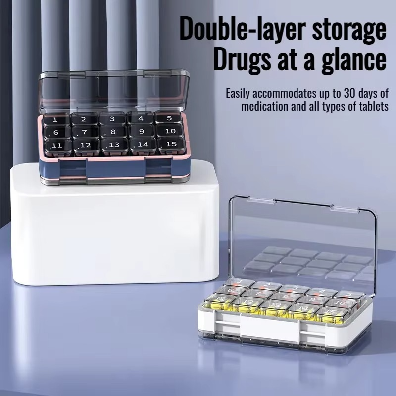 Portable Pill Box Double Compartment Double Layer Sealed Organizer 30 Day Medicine Carrying Case