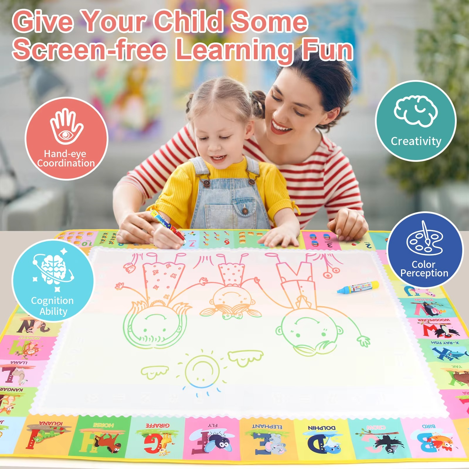 100x80CM Magic Water Drawing Mat Coloring Doodle With Reusable Magic Pens Montessori Painting Board Educational Toys Kids Gifts