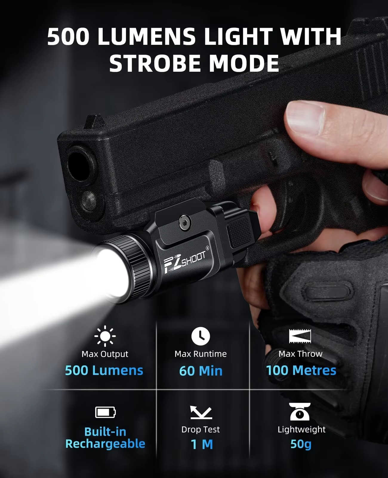 Bright Pistol Light Rechargeable Flashlight Strobe Mode For Picatinny and GL Rails Mini Gun light