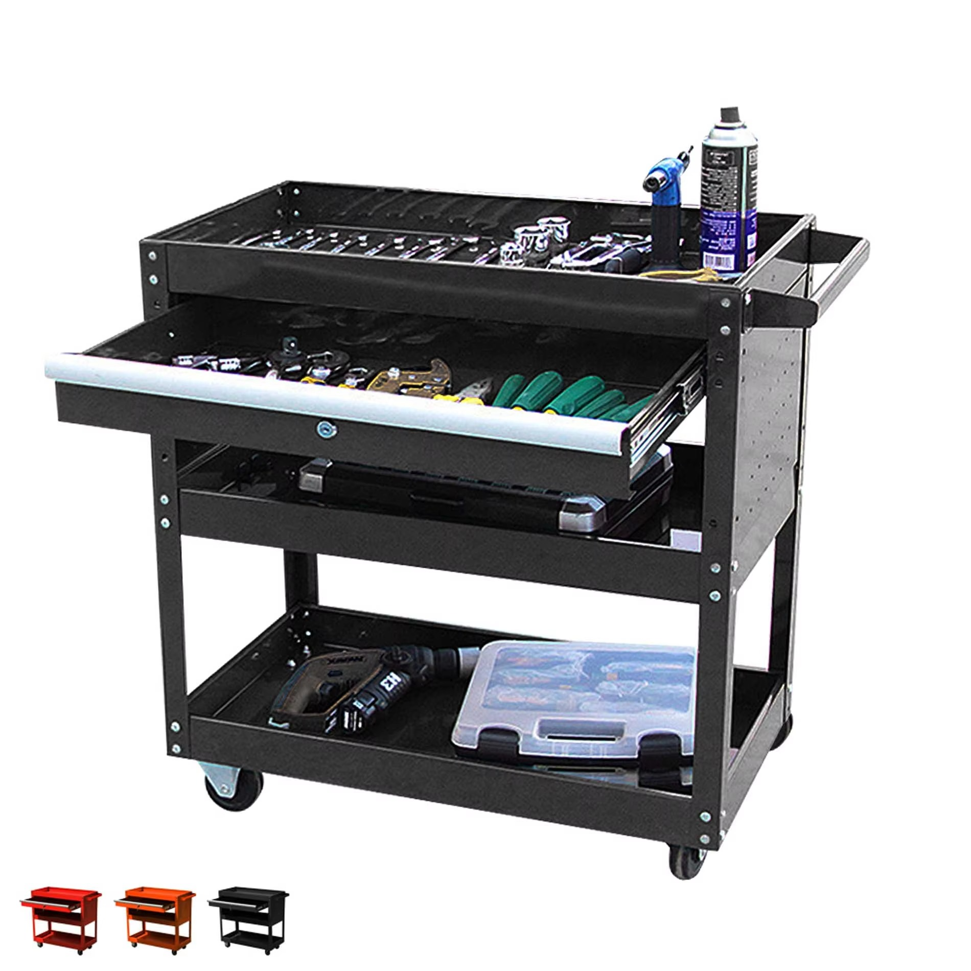 JZD Factory Factory Supply 3 Tier Heavy Duty Workshop Tool With One Drawer Four Wheels Hand Push Metal Tool Hand Cabinet
