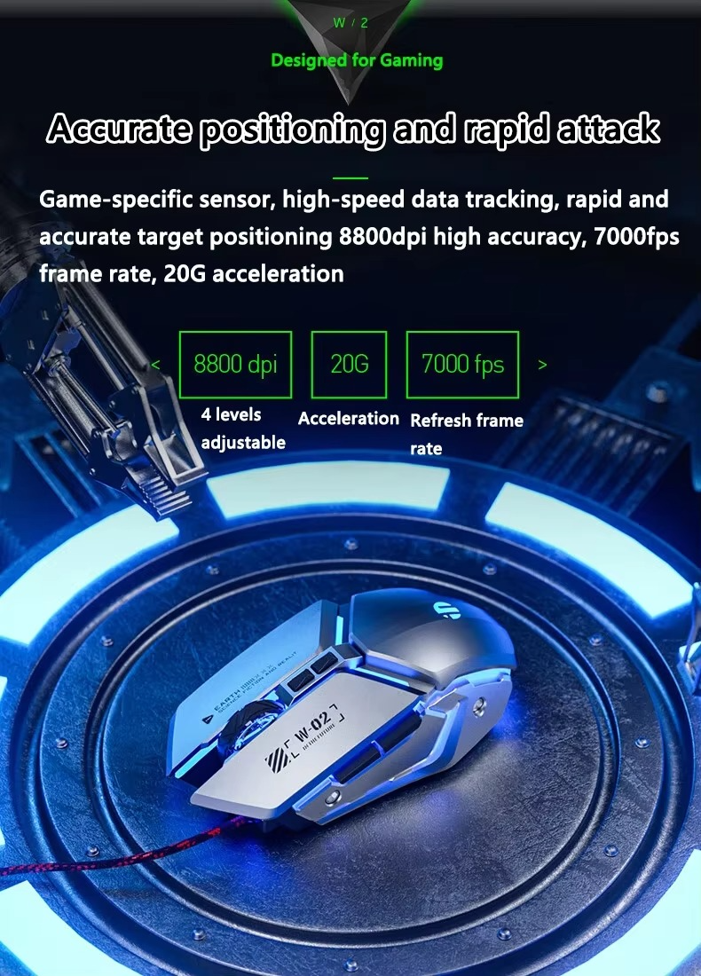 INPHIC W2 2nd Generation New Metal Style Gaming Mouse USB Wired Silent Competition 6-key Macro Programming 7000FPS Ddjustable