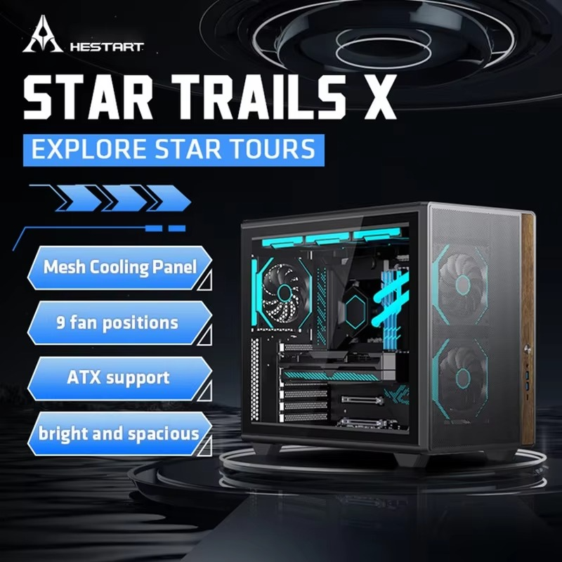 Black ATX Chassis Star Rail X Desktop Light Office Computer Case Gaming Case Type-C Walnut Edging Mesh Upmarket Business PC Case