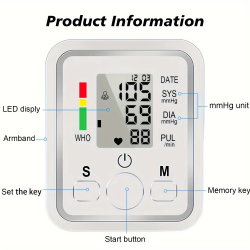 Upper Arm Automatic Blood Pressure Monitor BP Sphygmomanometer Pressure Meter Tonometer for Measuring Arterial Pressur