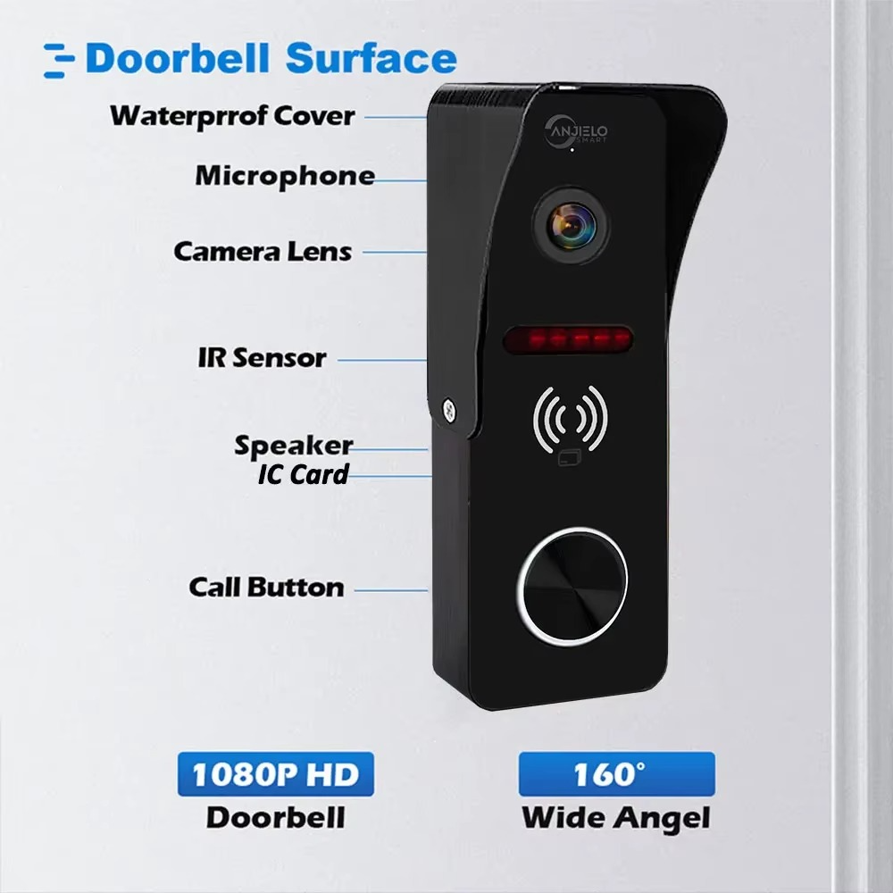 Anjielo 1080P video, IP65 waterproof night vision, metal doorbell with IC card unlocking, intercom, outdoor unit,160° wide-angle