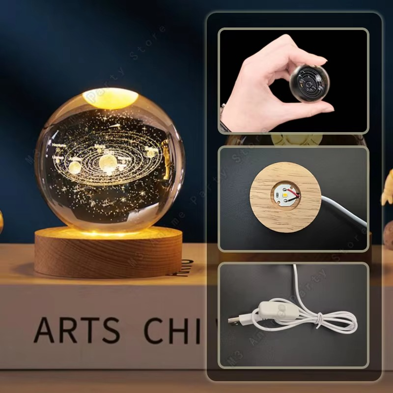 Unique 3D Crystal Ball Night Light – LED Lamp with Glowing Galaxy, Saturn, Planets, and Moon Design for Children’s Birthday Gift, Bedside Table Decoration – 5cm