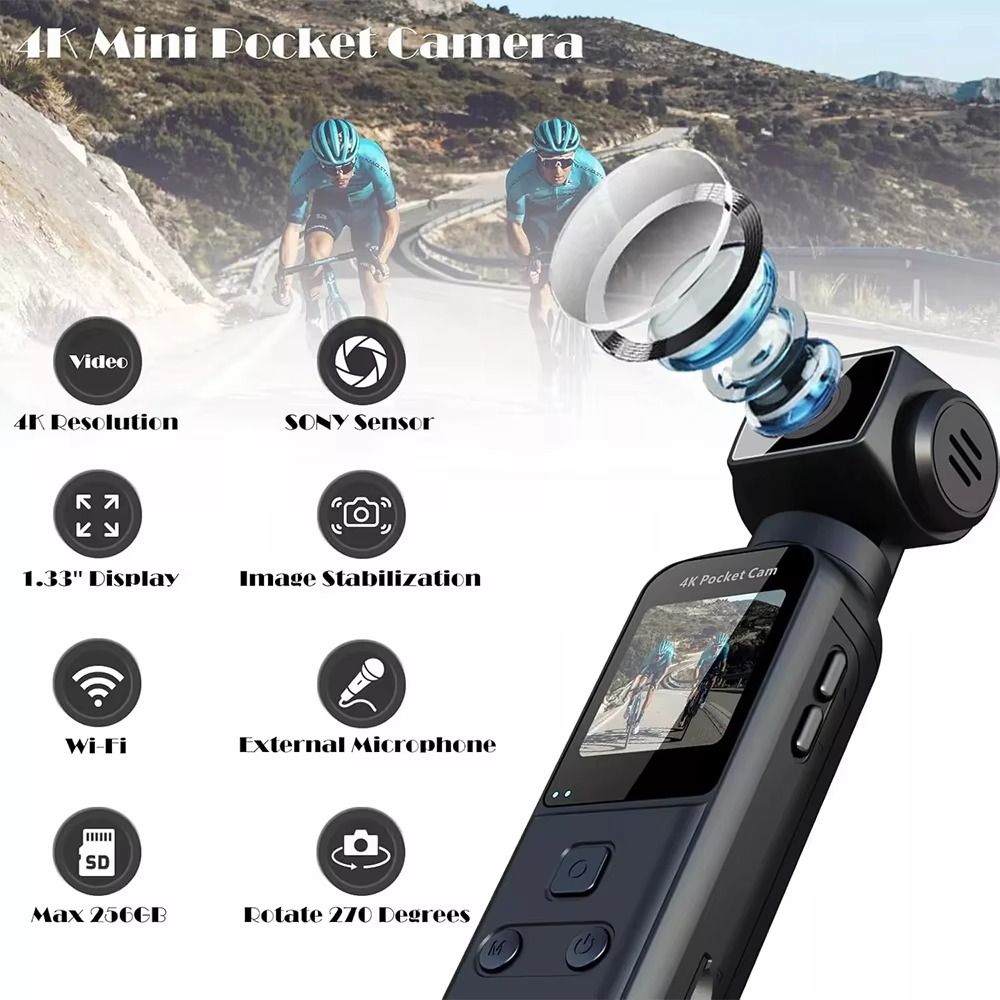 4K HD Anti-Shake Sports Camera 270 Degree Rotation Portable Sport Motion Camera with Mic Clip 1.33Inch Screen Pocket Digital Cam