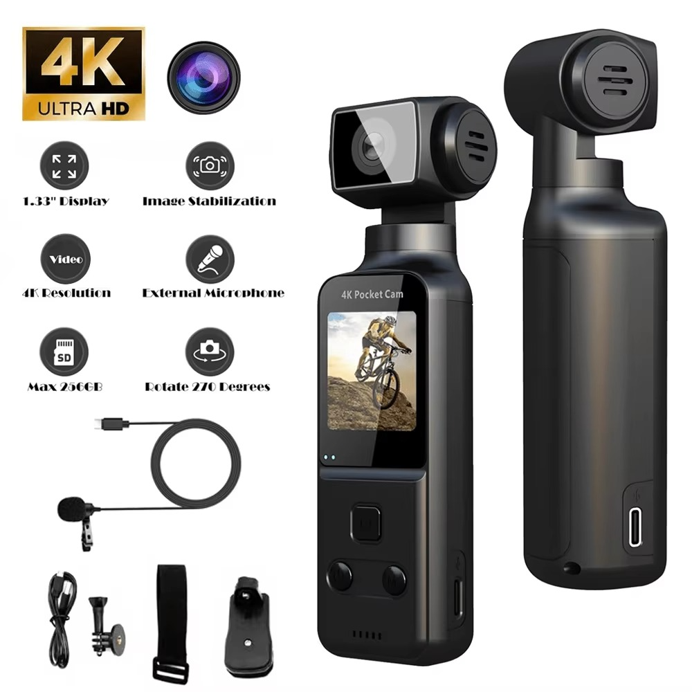 4K HD Anti-Shake Sports Camera 270 Degree Rotation Portable Sport Motion Camera with Mic Clip 1.33Inch Screen Pocket Digital Cam