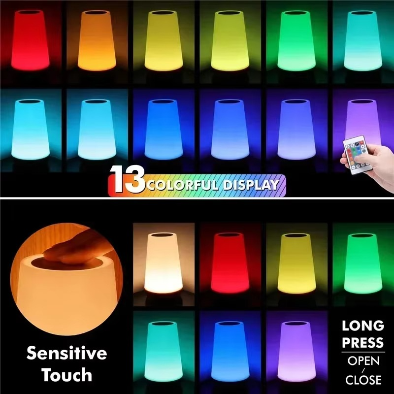 13 Color Changing Night Light – RGB Remote Control Touch Dimmable Lamp, Portable Table Bedside Lamp, USB Rechargeable Night Lamp