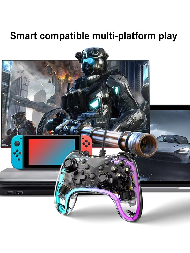 RGB Game Controller with Turbo Function Transparent Wired Games Handle Anti-wear Rocker Wired Gamepad Controller for PS Switch
