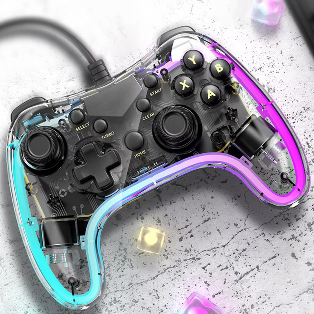 RGB Game Controller with Turbo Function Transparent Wired Games Handle Anti-wear Rocker Wired Gamepad Controller for PS Switch
