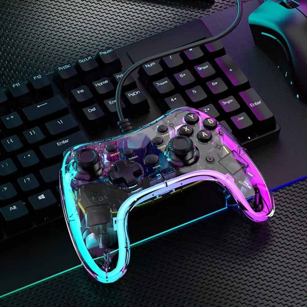 RGB Game Controller with Turbo Function Transparent Wired Games Handle Anti-wear Rocker Wired Gamepad Controller for PS Switch