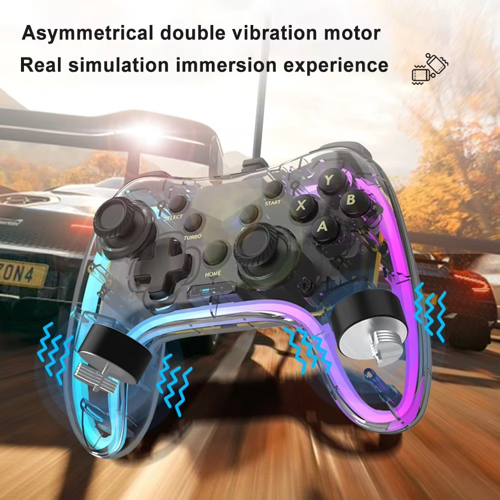 RGB Game Controller with Turbo Function Transparent Wired Games Handle Anti-wear Rocker Wired Gamepad Controller for PS Switch