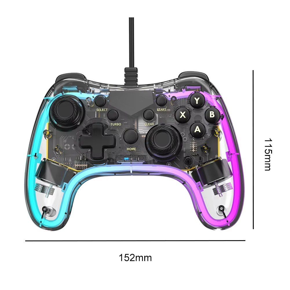 RGB Game Controller with Turbo Function Transparent Wired Games Handle Anti-wear Rocker Wired Gamepad Controller for PS Switch