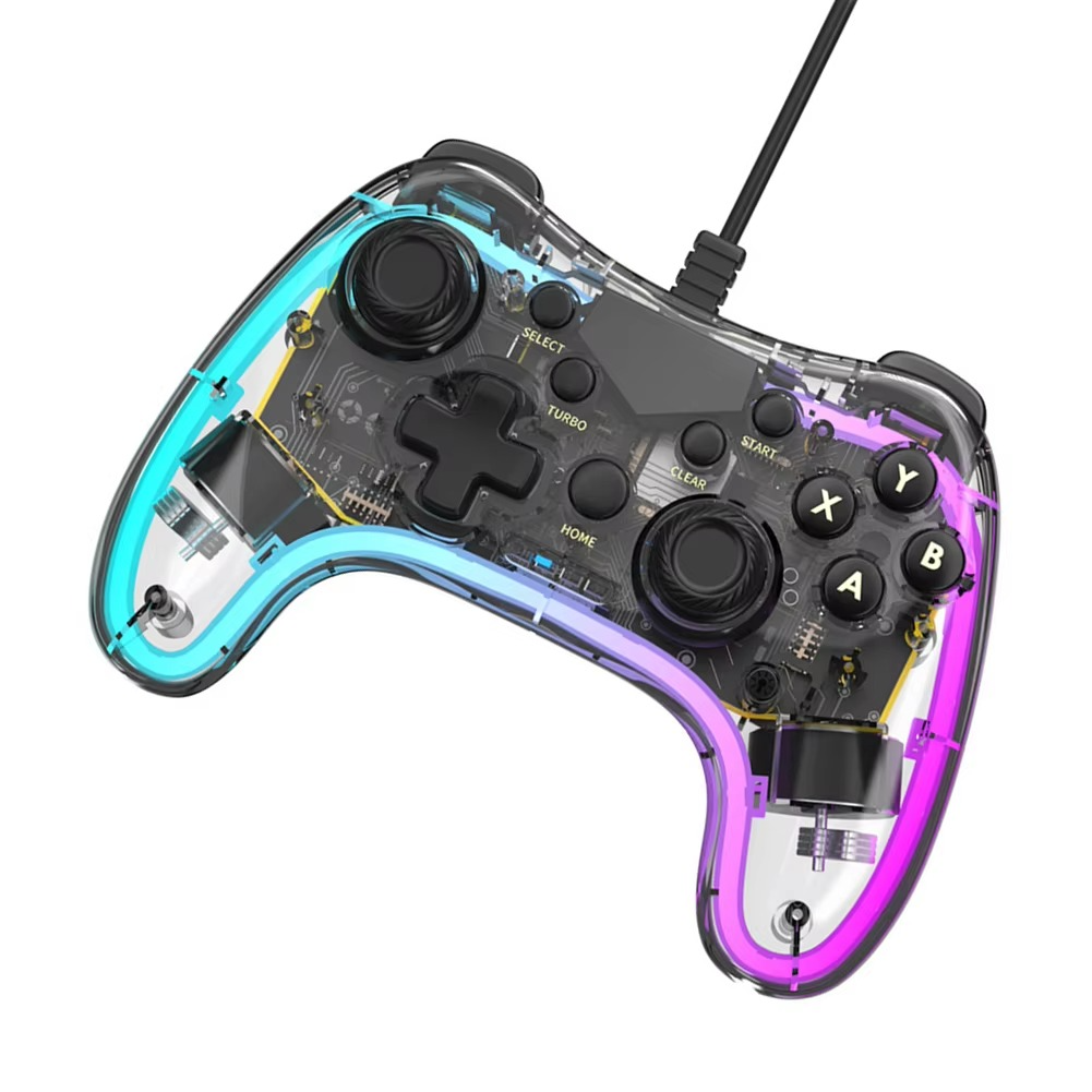 RGB Game Controller with Turbo Function Transparent Wired Games Handle Anti-wear Rocker Wired Gamepad Controller for PS Switch