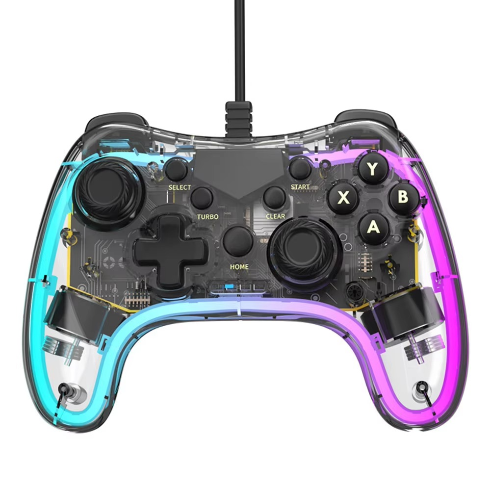 RGB Game Controller with Turbo Function Transparent Wired Games Handle Anti-wear Rocker Wired Gamepad Controller for PS Switch