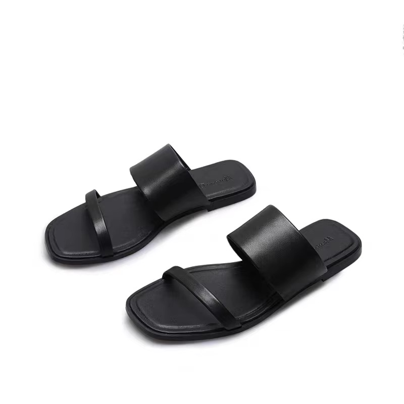 2024 New Summer Fashion Genuine Leather Open Toe Flat Sandals Women Slippers Solid Simple Casual Beach Shoes Female