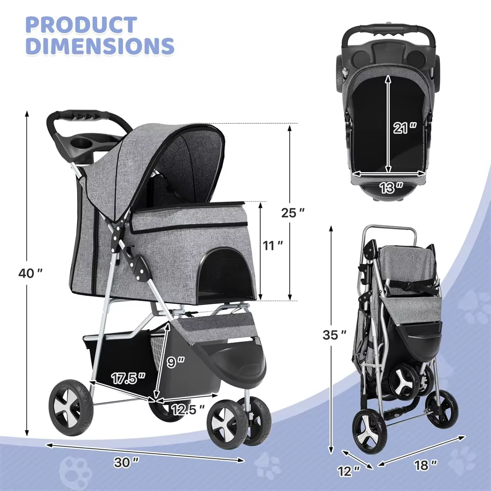 Foldable Pet Stroller for Small Dogs and Cats 3 Wheel Lightweight Carrier with Storage Basket Cup Holder Breathable Mesh Windows