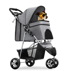 Foldable Pet Stroller for Small Dogs and Cats 3 Wheel Lightweight Carrier with Storage Basket Cup Holder Breathable Mesh Windows