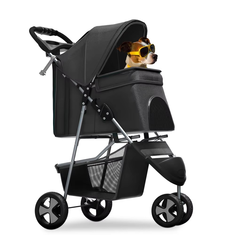 Foldable Pet Stroller for Small Dogs and Cats 3 Wheel Lightweight Carrier with Storage Basket Cup Holder Breathable Mesh Windows