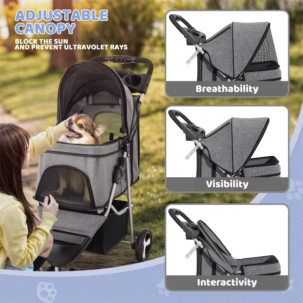 Foldable Pet Stroller for Small Dogs and Cats 3 Wheel Lightweight Carrier with Storage Basket Cup Holder Breathable Mesh Windows