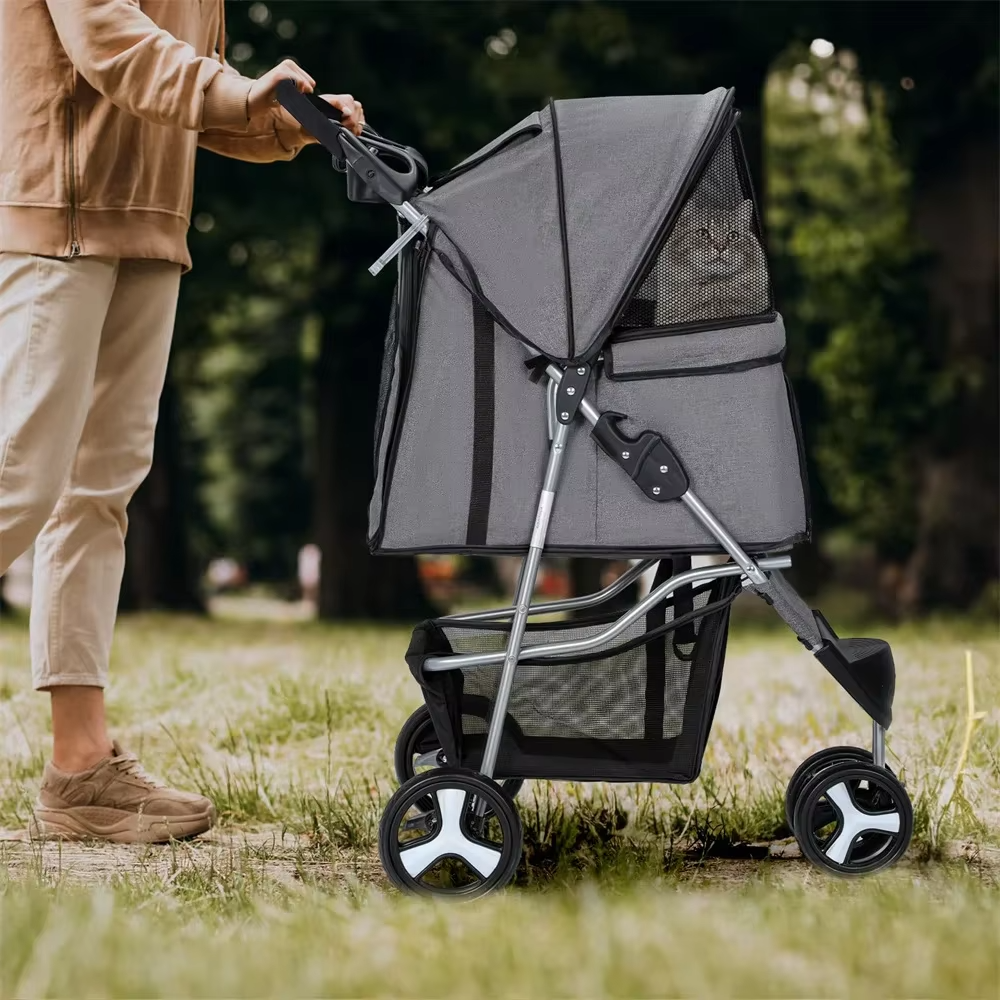 Foldable Pet Stroller for Small Dogs and Cats 3 Wheel Lightweight Carrier with Storage Basket Cup Holder Breathable Mesh Windows