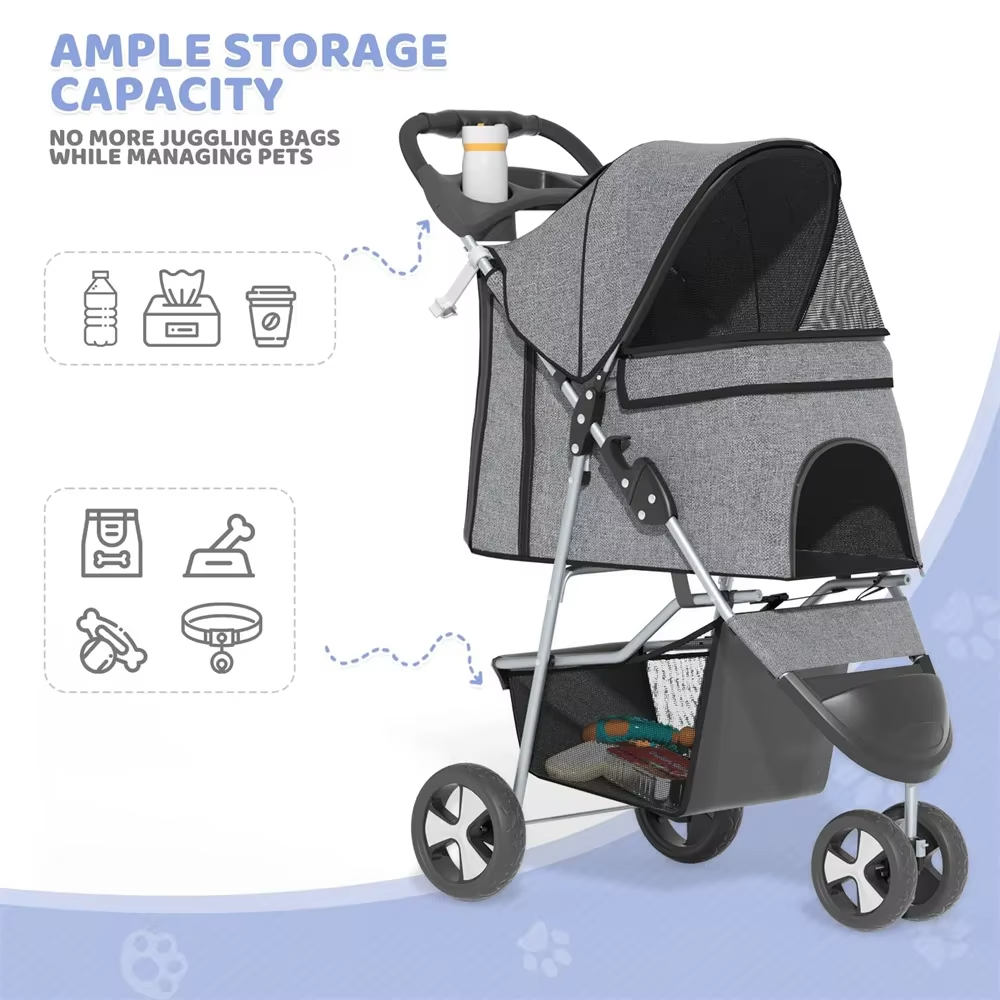 Foldable Pet Stroller for Small Dogs and Cats 3 Wheel Lightweight Carrier with Storage Basket Cup Holder Breathable Mesh Windows
