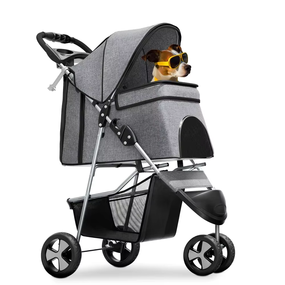 Foldable Pet Stroller for Small Dogs and Cats 3 Wheel Lightweight Carrier with Storage Basket Cup Holder Breathable Mesh Windows