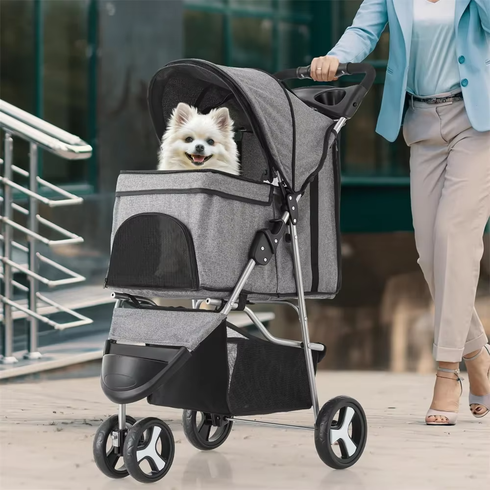 Foldable Pet Stroller for Small Dogs and Cats 3 Wheel Lightweight Carrier with Storage Basket Cup Holder Breathable Mesh Windows