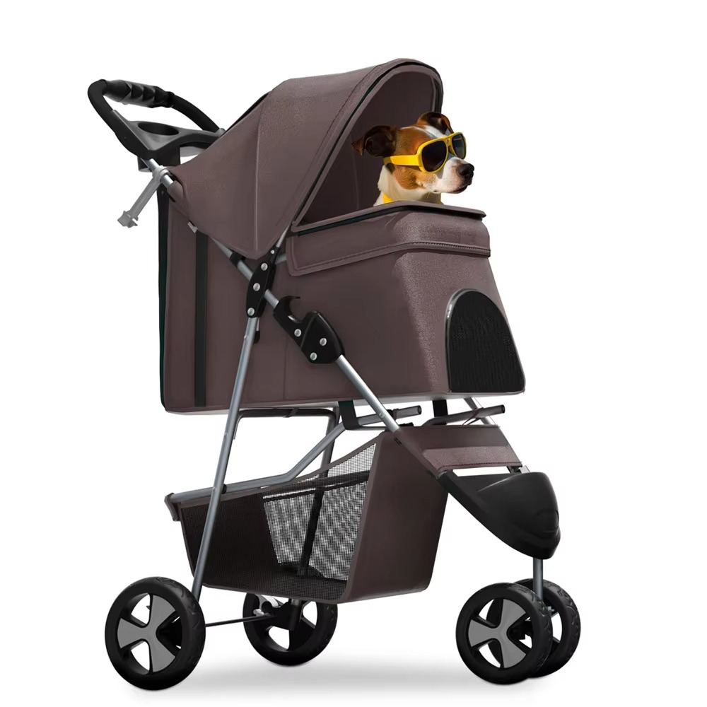 Foldable Pet Stroller for Small Dogs and Cats 3 Wheel Lightweight Carrier with Storage Basket Cup Holder Breathable Mesh Windows