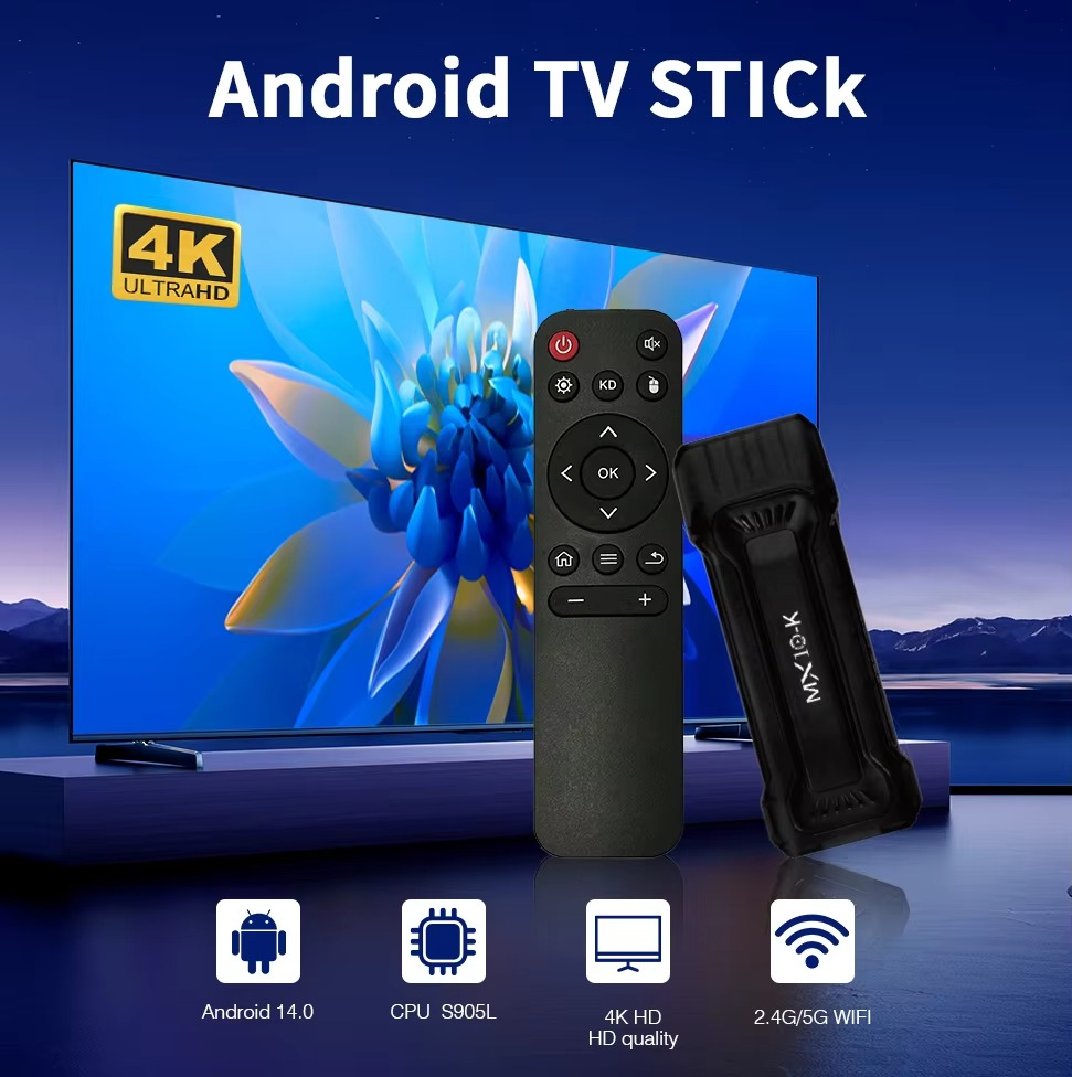 4K Stick TV MX10-K 4GB OS Android 14 Smart ATV BT5.0 Media Player HDMI 1.4 WiFi 2.4G TV Box Android 2025 New Model