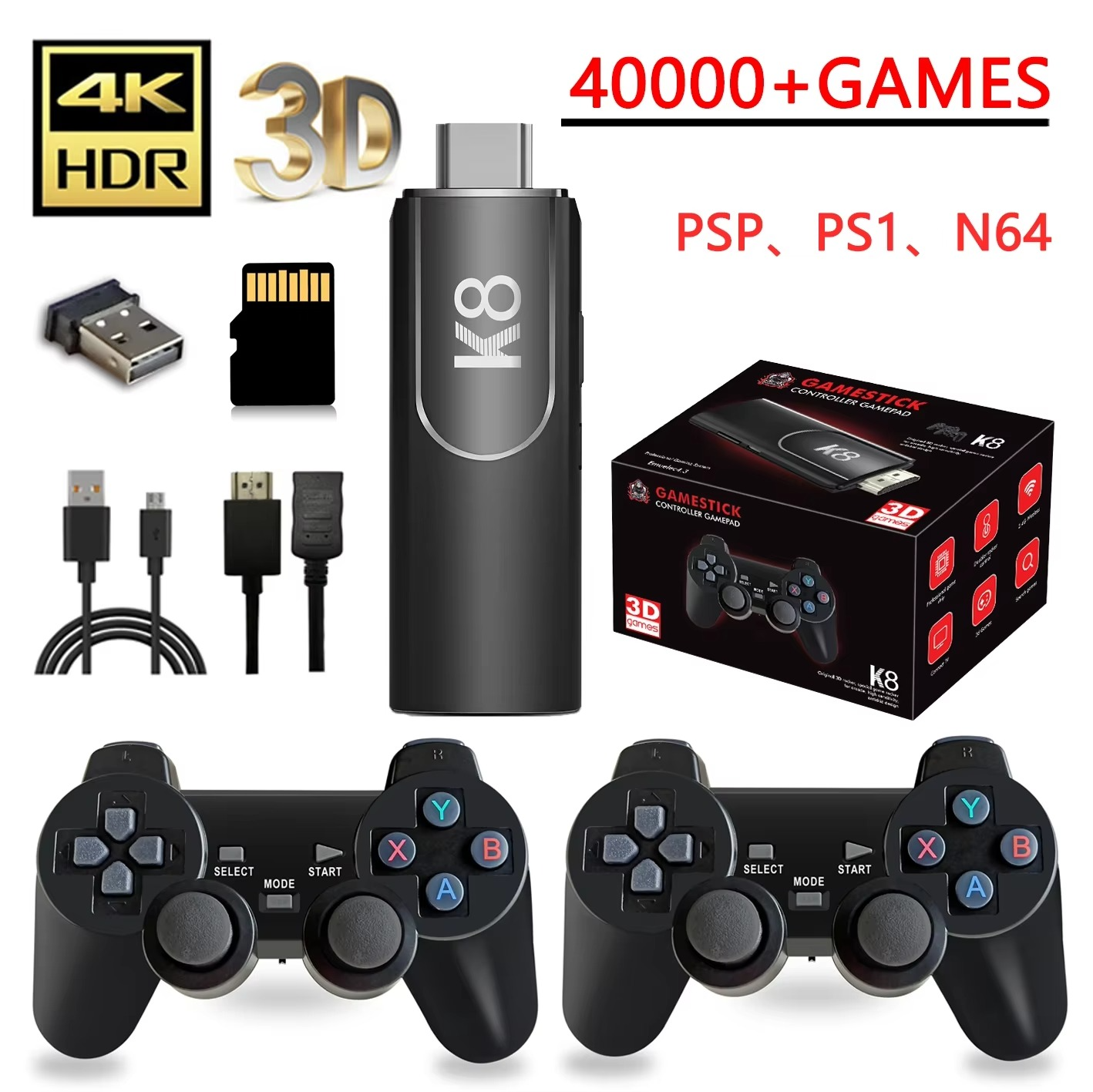 K8 Gamepads Controller Stick ARM Mali-450 64GB/128GB TF Card 40000+ Games Wireless Controller Switch Support 3D Games