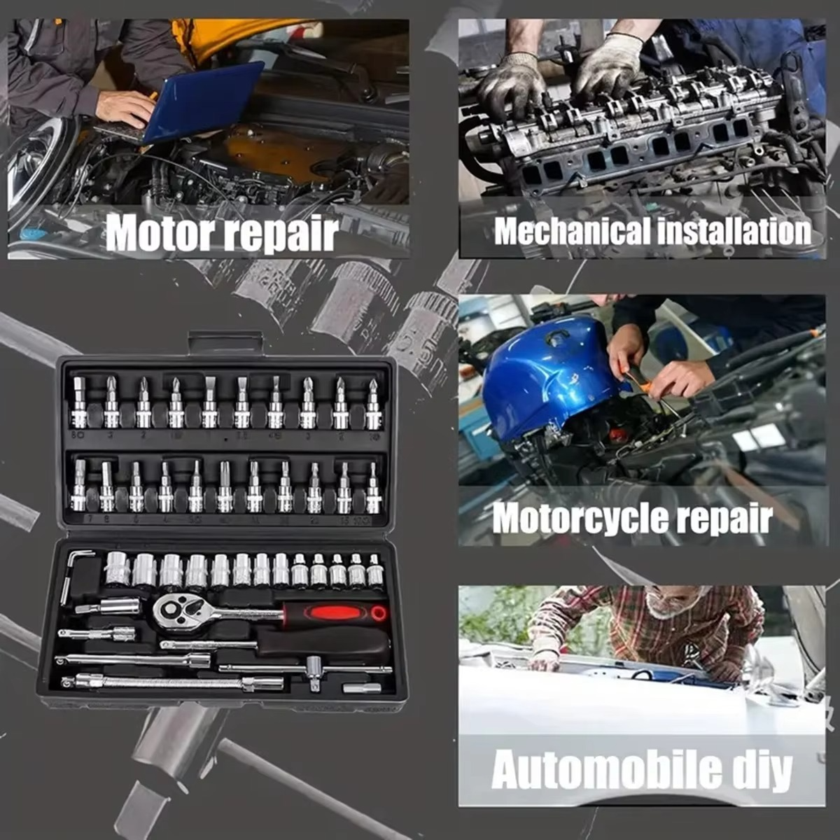 46pcs Car Repair Tool Kit 1/4-Inch Socket Set Car Repair Tool Ratchet Torque Wrench Combo Auto Repairing Set Mechanic Tool