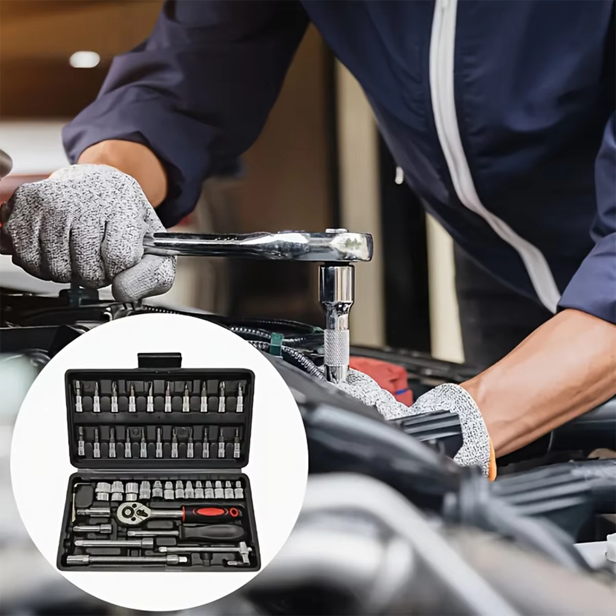 46pcs Car Repair Tool Kit 1/4-Inch Socket Set Car Repair Tool Ratchet Torque Wrench Combo Auto Repairing Set Mechanic Tool