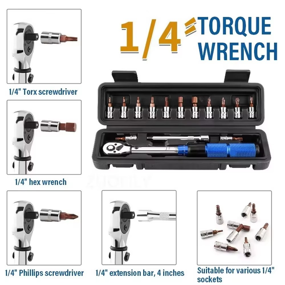 New 15Pcs Set Bicycle Torque Wrench Set Socket Preset Type Spanner Pro Repair Kit 1/4" 2-24Nm Dual Direction Bike Allen Key Tool