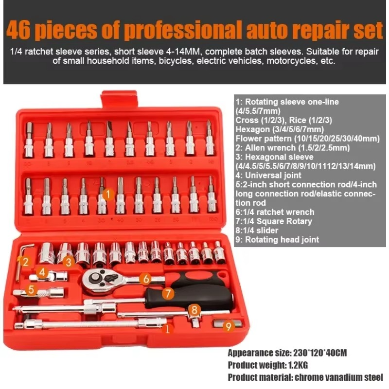 ZEXEF 46 Pieces 1/4 Inch Drive Socket Ratchet Wrench Set, With Bit Socket Set, Metric And Extension Bar For Auto Repairing