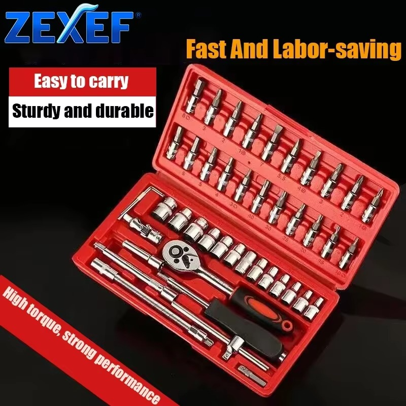 ZEXEF 46 Pieces 1/4 Inch Drive Socket Ratchet Wrench Set, With Bit Socket Set, Metric And Extension Bar For Auto Repairing