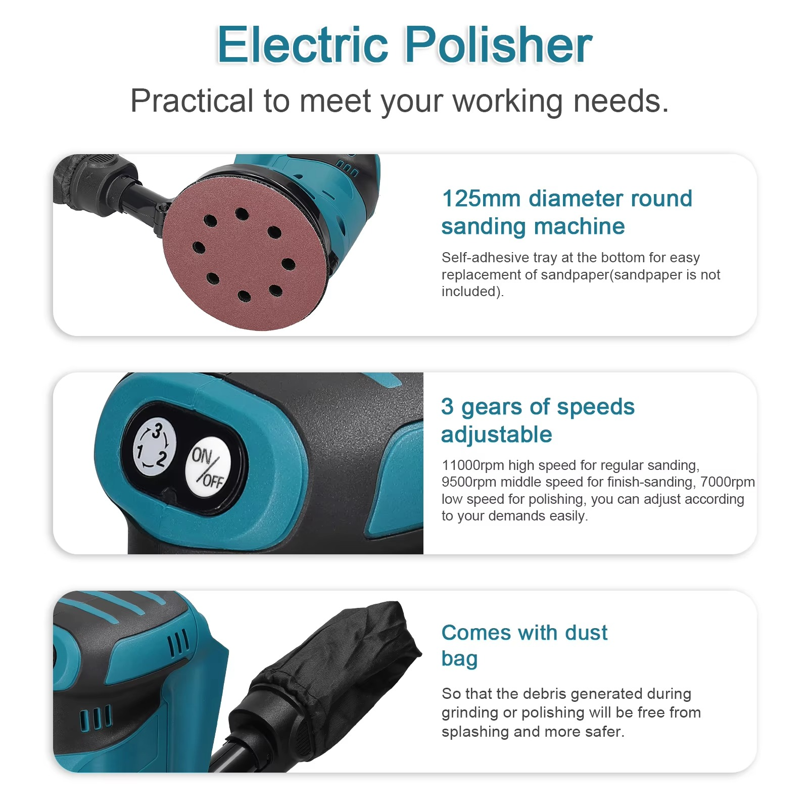 125mm 3 Speed Brush Motor Cordless Orbital Sander Wood Grinder Electric Car Polisher Waxing Polishing Grinding Sanding Machine