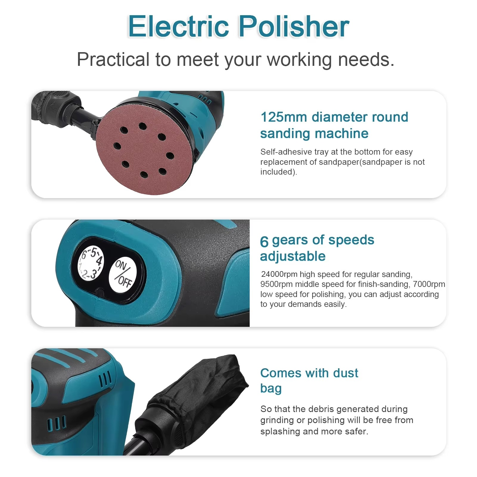 125mm Brush Motor Cordless Orbital Sander Wood Grinder Electric Polisher Waxing Grinding Sanding Machine for Makita 18V Battery