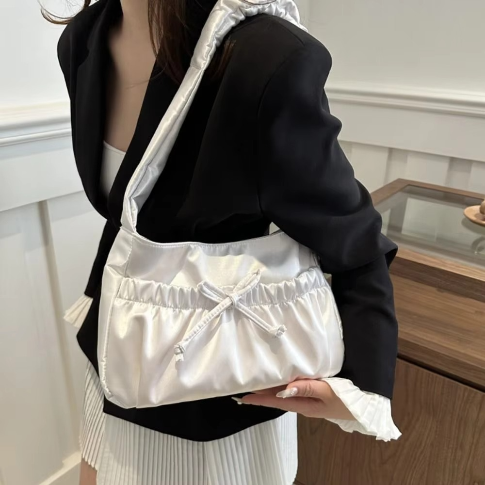 Cool Satin Pleated Hand Bag Bow Korean Style INS Shoulder Bag Luxury Portable Fashion Underarm Bag Outdoor