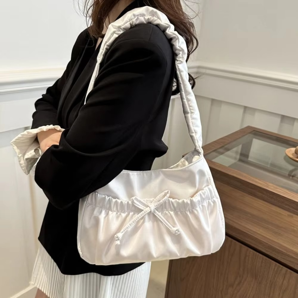 Cool Satin Pleated Hand Bag Bow Korean Style INS Shoulder Bag Luxury Portable Fashion Underarm Bag Outdoor