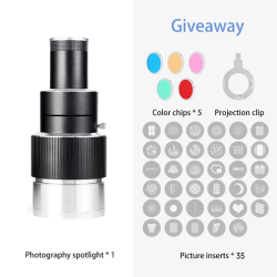 The Bowens photography kit with adjustable focus and focusing lens is equipped with a set of 35 patterns and 5 color slides.