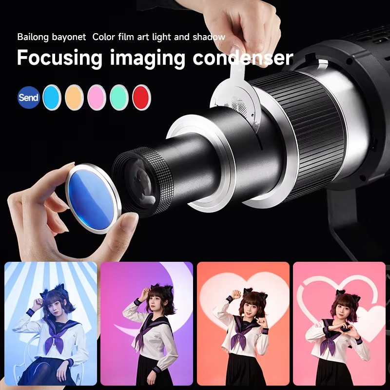 The Bowens photography kit with adjustable focus and focusing lens is equipped with a set of 35 patterns and 5 color slides.
