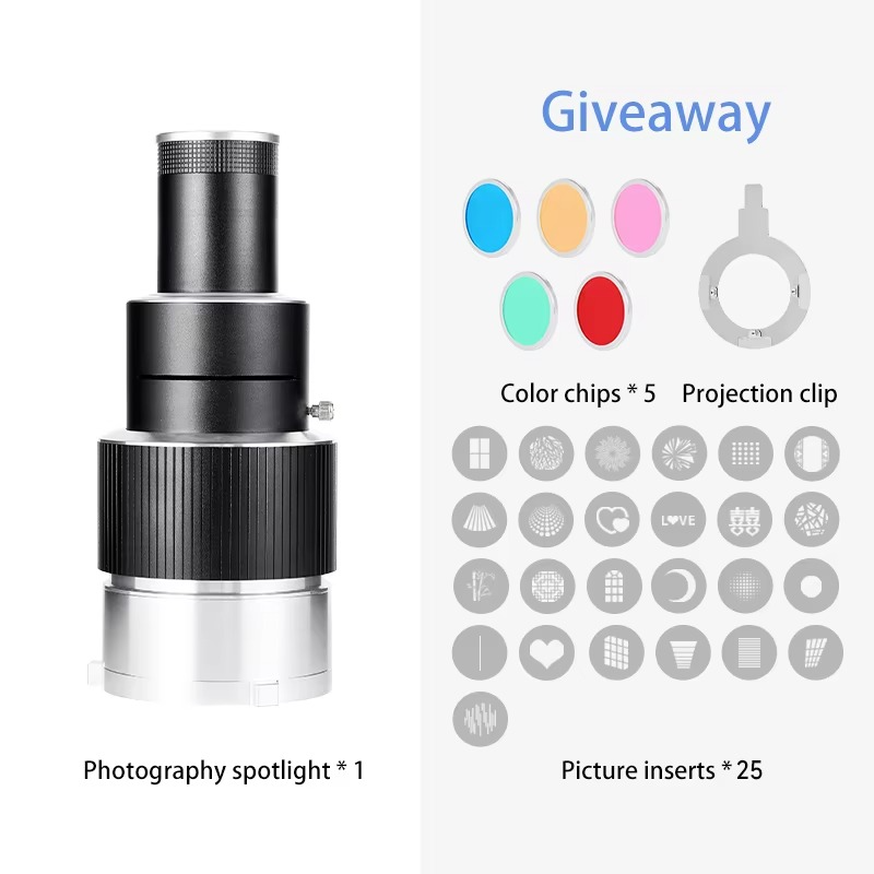 The Bowens photography kit with adjustable focus and focusing lens is equipped with a set of 35 patterns and 5 color slides.