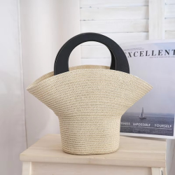 Women's Stylish Hat-Shaped Straw Woven Handbag Summer Beach Tote Bag Handmade Wheat Straw Bucket Bag for Holiday Travel
