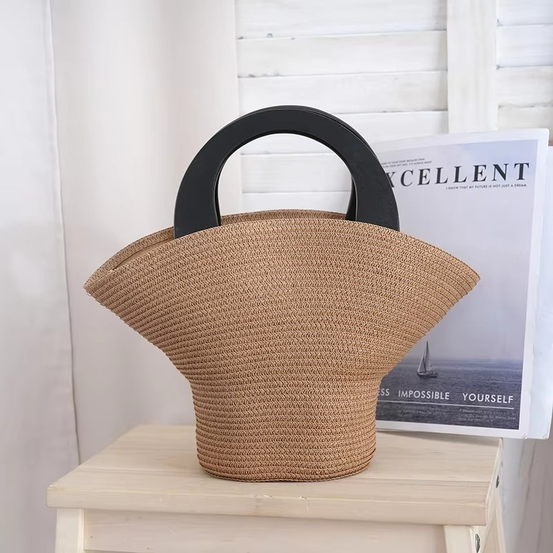Women's Stylish Hat-Shaped Straw Woven Handbag Summer Beach Tote Bag Handmade Wheat Straw Bucket Bag for Holiday Travel